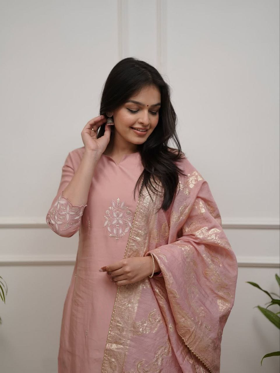 Peach Chanderi Embroidered Kurta Suit Set