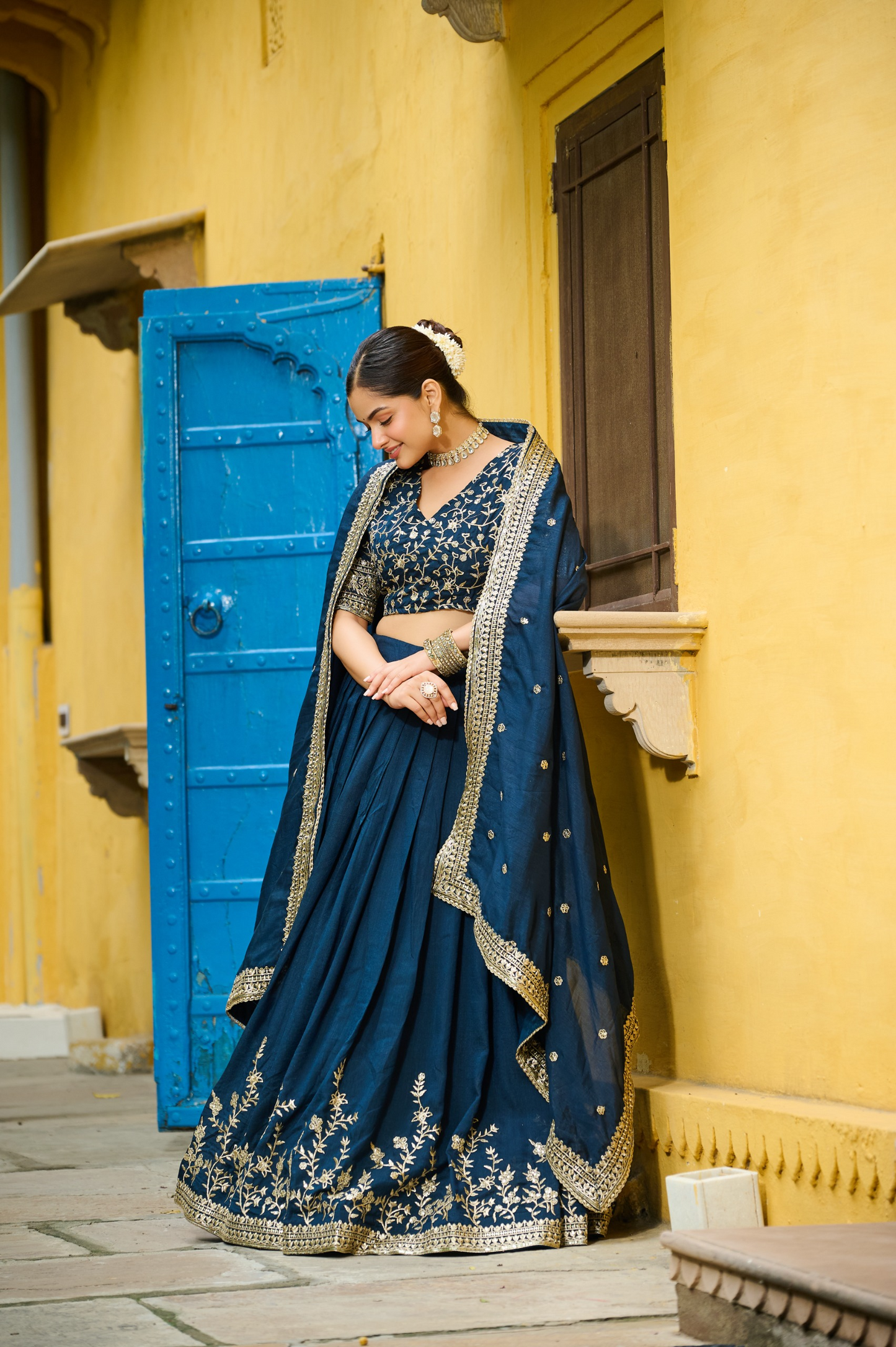 Vichitra Silk Sequins Embroidered Lehenga- Semi Stitched