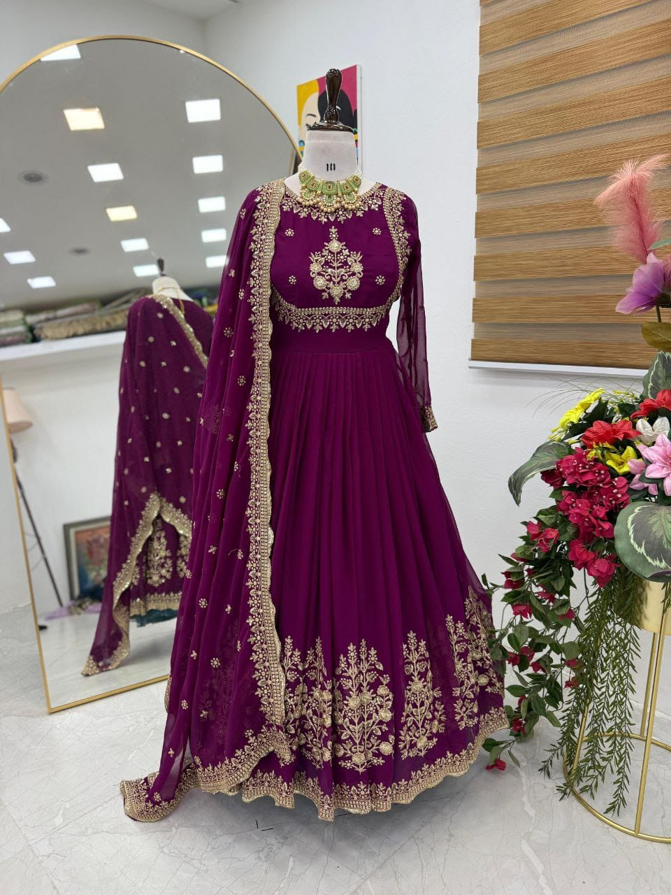 Wine Sequence Embroidered Georgette Gown