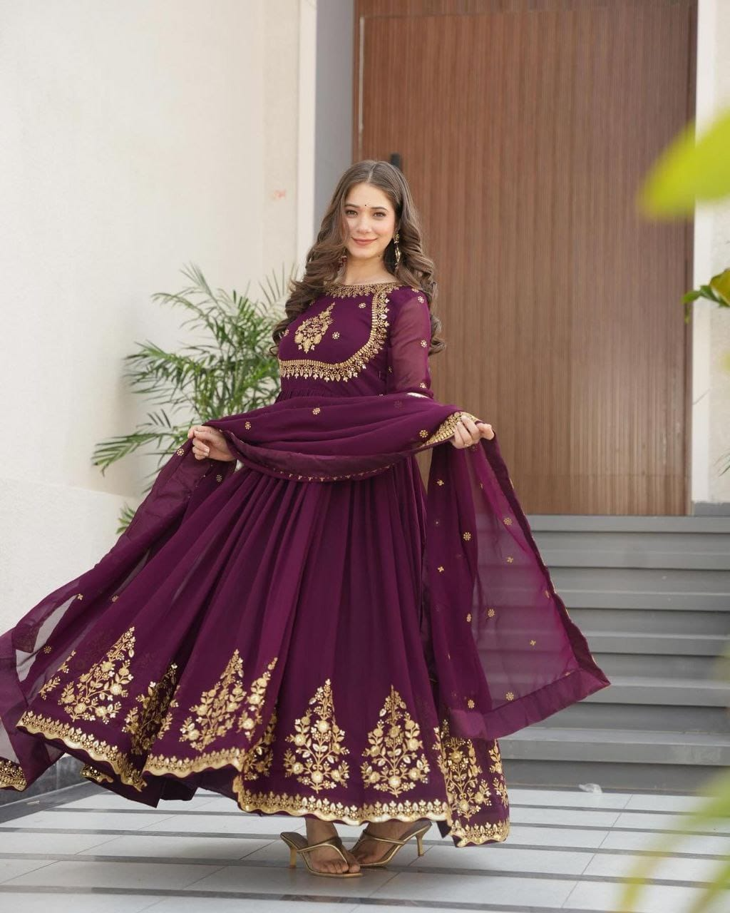 Wine Sequence Embroidered Georgette Gown