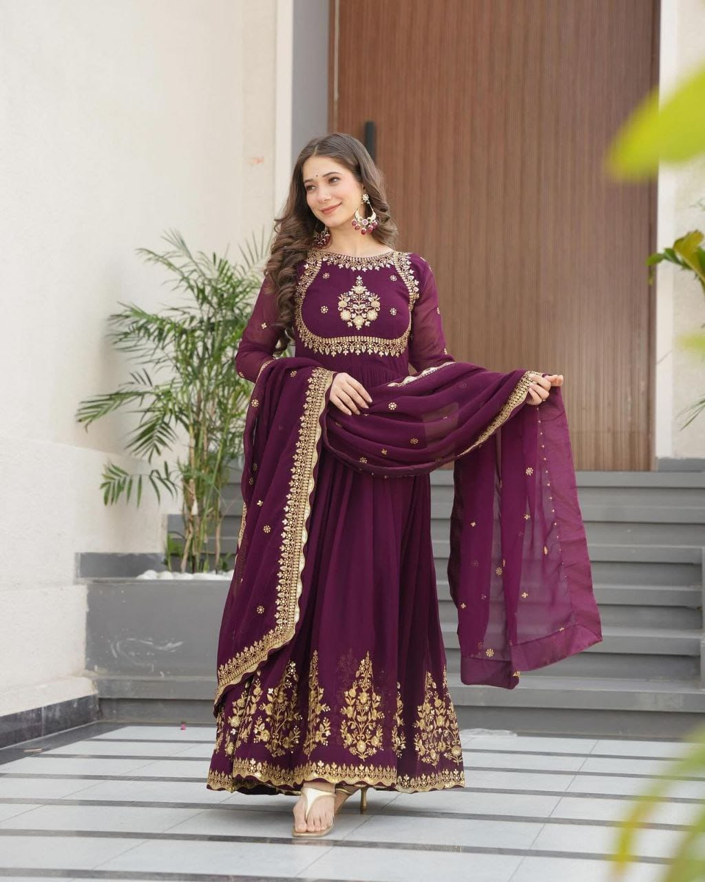 Wine Sequence Embroidered Georgette Gown