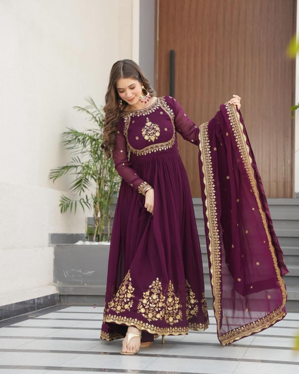 Wine Sequence Embroidered Georgette Gown
