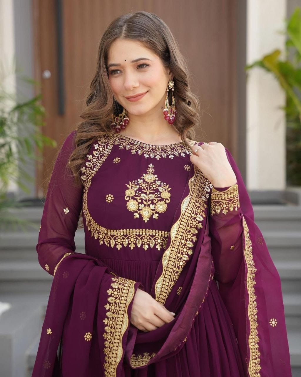 Wine Sequence Embroidered Georgette Gown