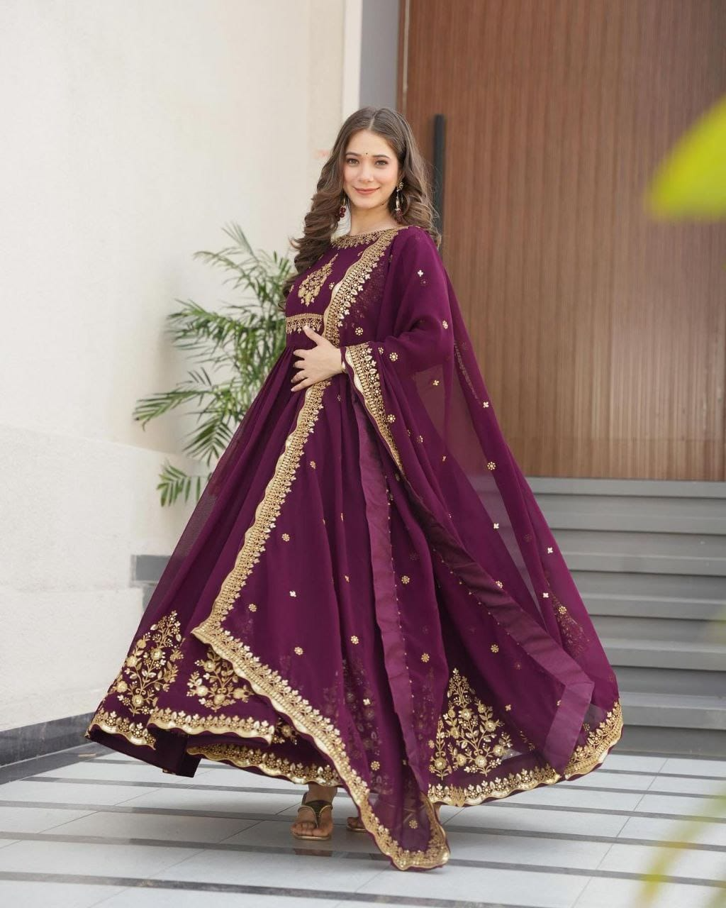 Wine Sequence Embroidered Georgette Gown