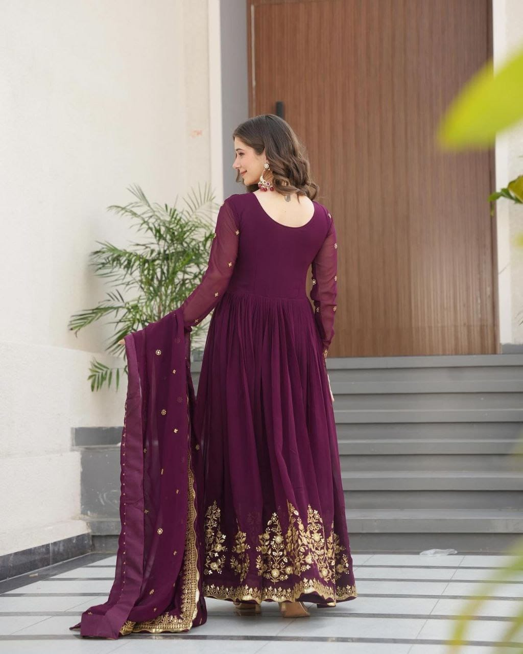 Wine Sequence Embroidered Georgette Gown
