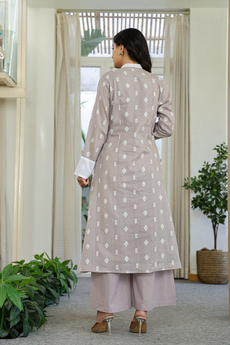 Taupe Cotton Floral Kurta Palazzo Set