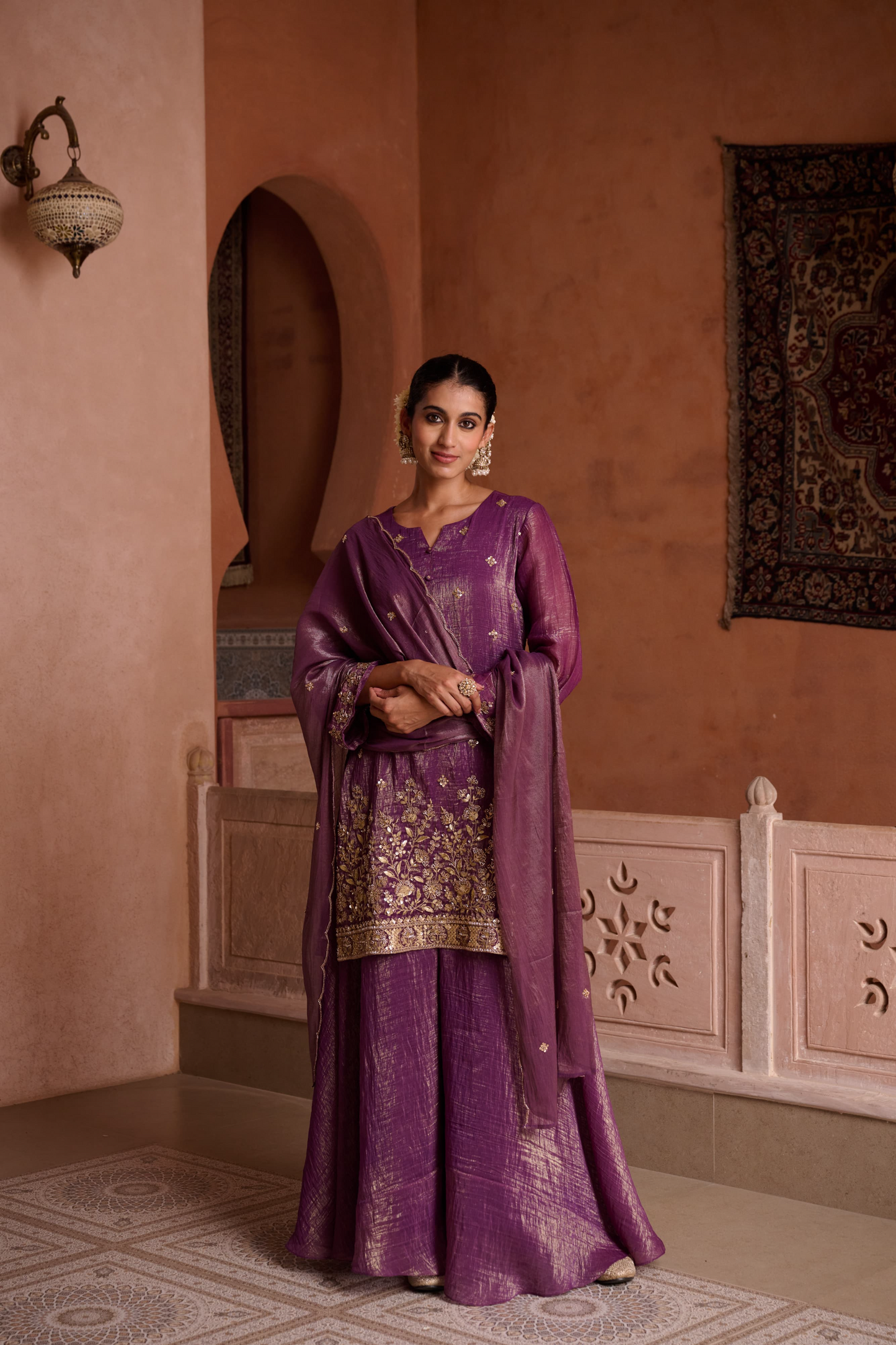 Burgundy Shimmer Tissue Embroidered Festive Kurta Palazzo Suit Set
