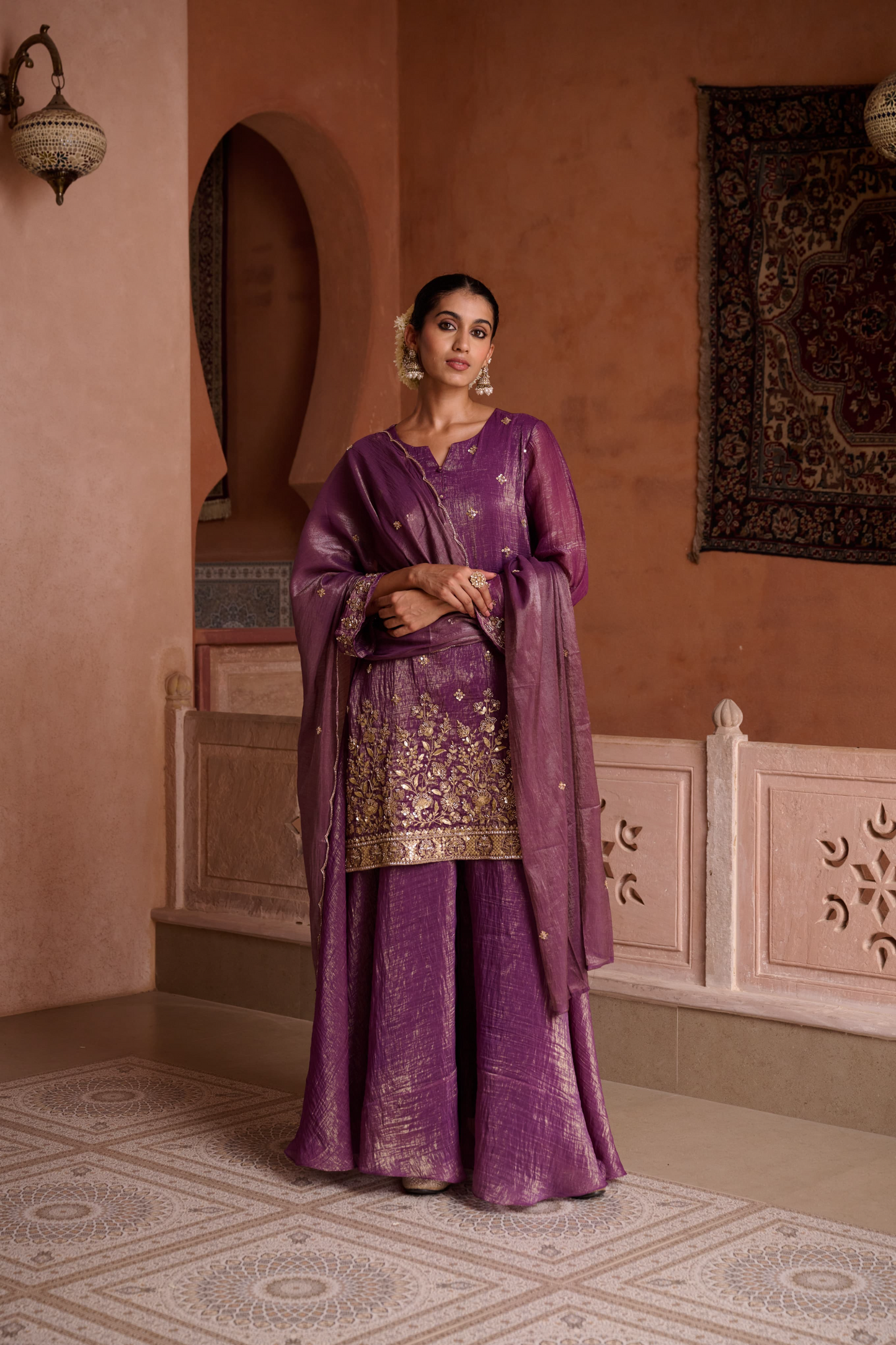 Burgundy Shimmer Tissue Embroidered Festive Kurta Palazzo Suit Set