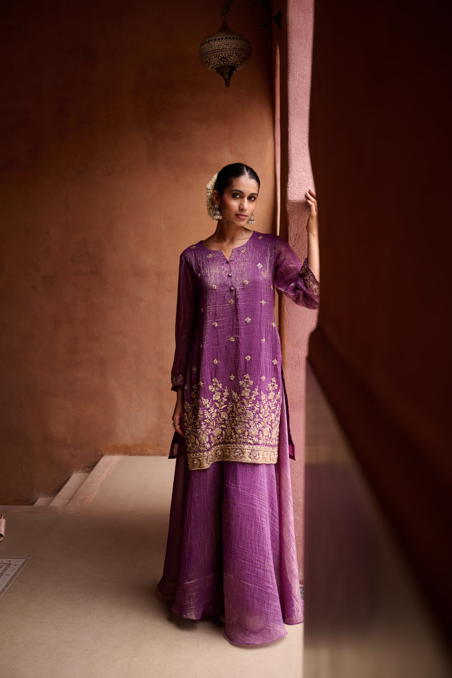 Burgundy Shimmer Tissue Embroidered Festive Kurta Palazzo Suit Set