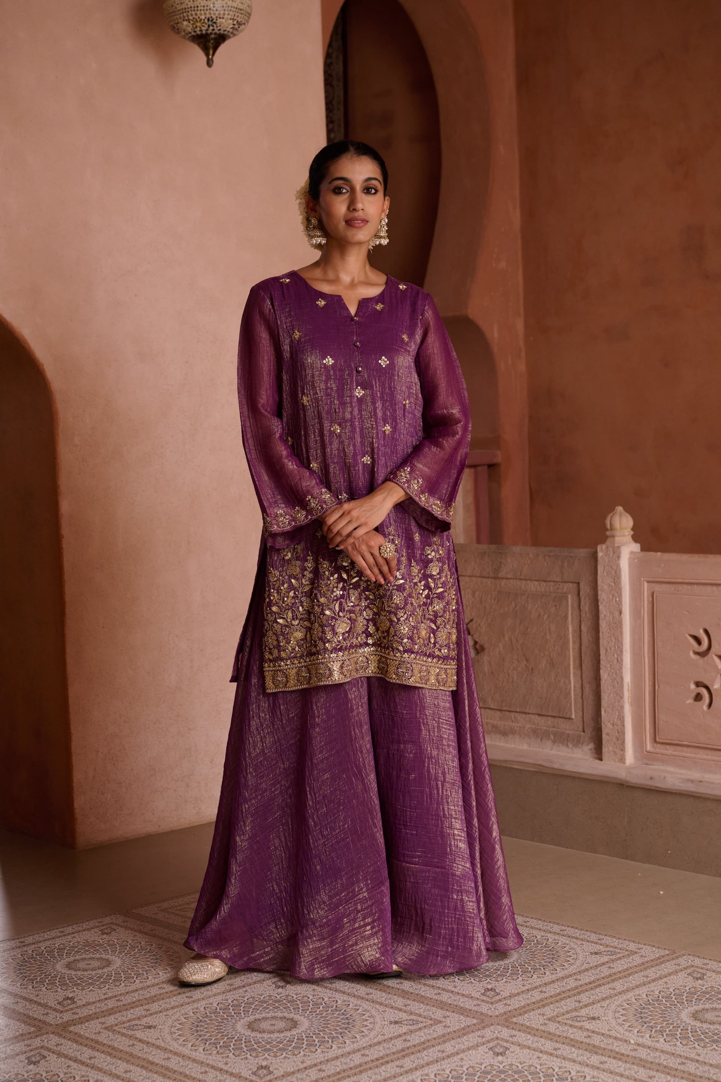 Burgundy Shimmer Tissue Embroidered Festive Kurta Palazzo Suit Set