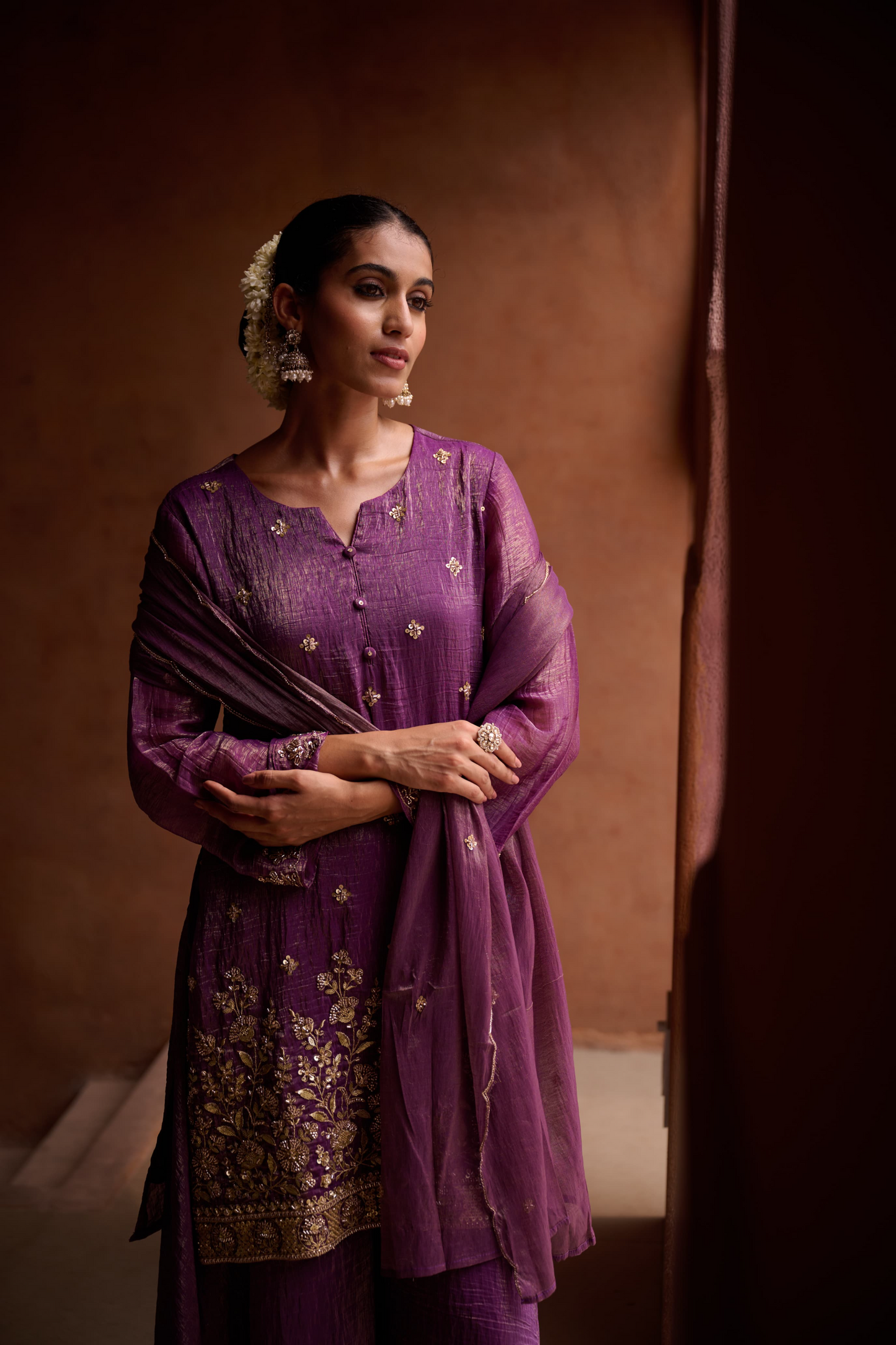 Burgundy Shimmer Tissue Embroidered Festive Kurta Palazzo Suit Set
