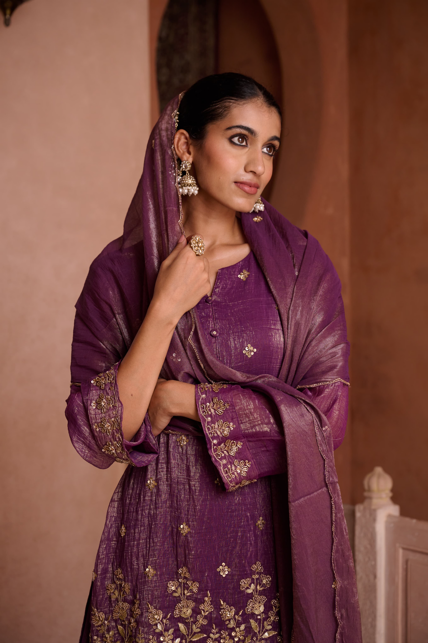 Burgundy Shimmer Tissue Embroidered Festive Kurta Palazzo Suit Set