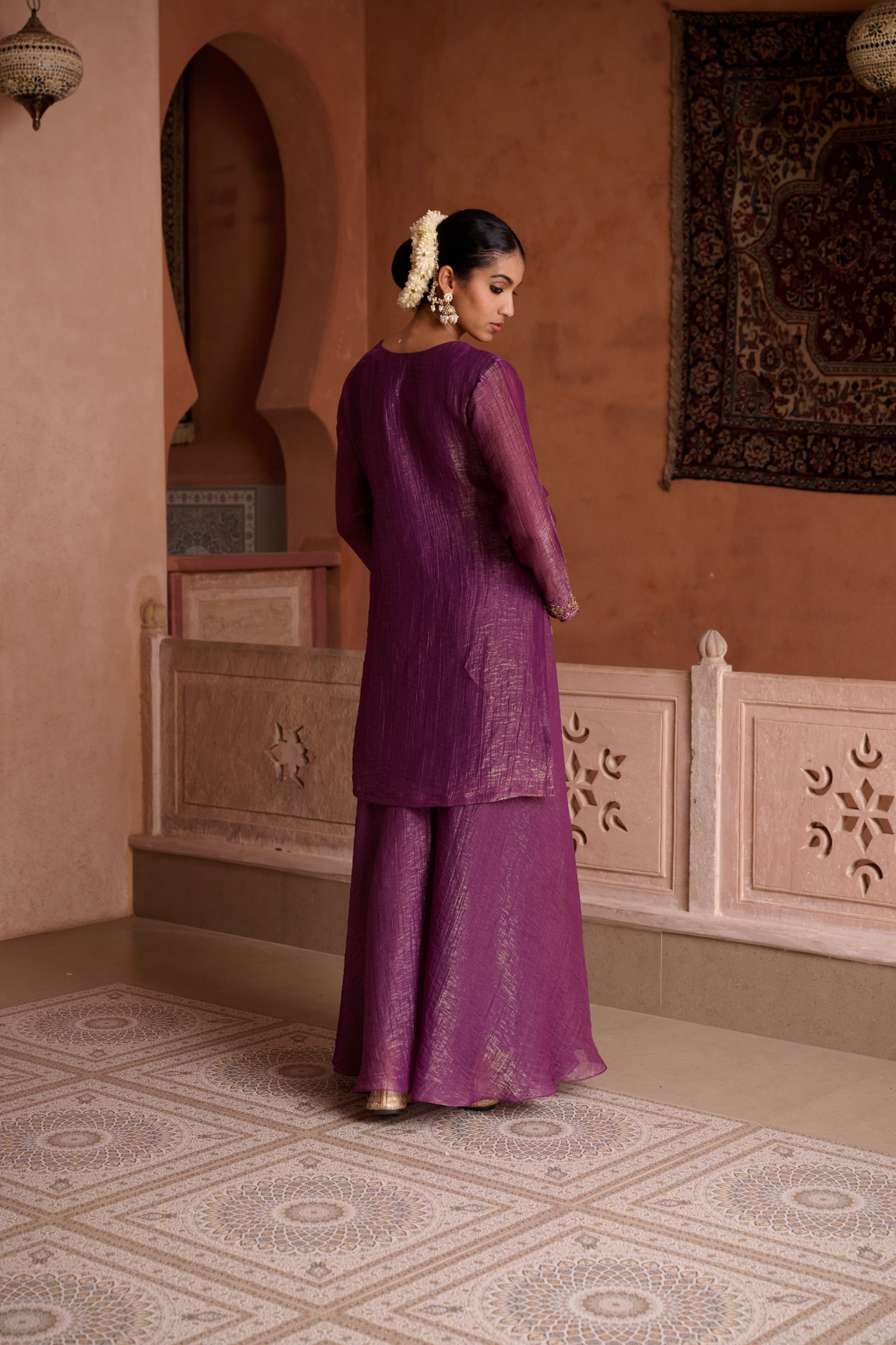 Burgundy Shimmer Tissue Embroidered Festive Kurta Palazzo Suit Set
