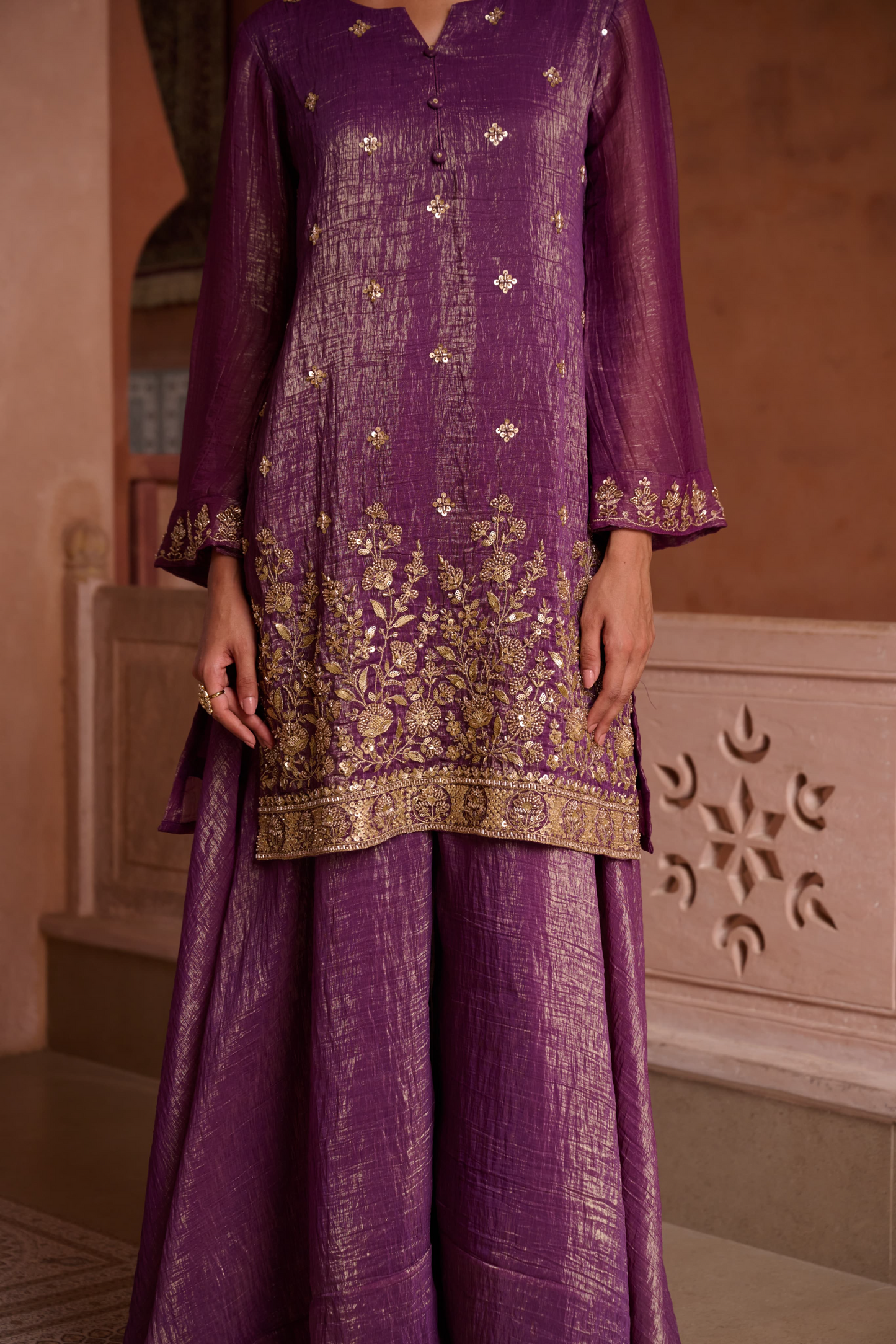 Burgundy Shimmer Tissue Embroidered Festive Kurta Palazzo Suit Set