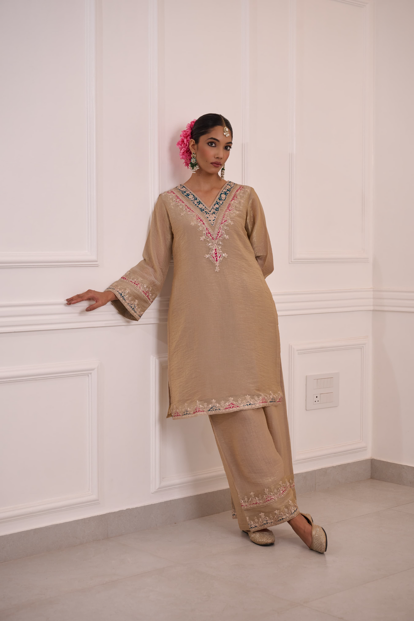 Beige Tissue Silk Embroidered Kurta Palazzo Suit Set