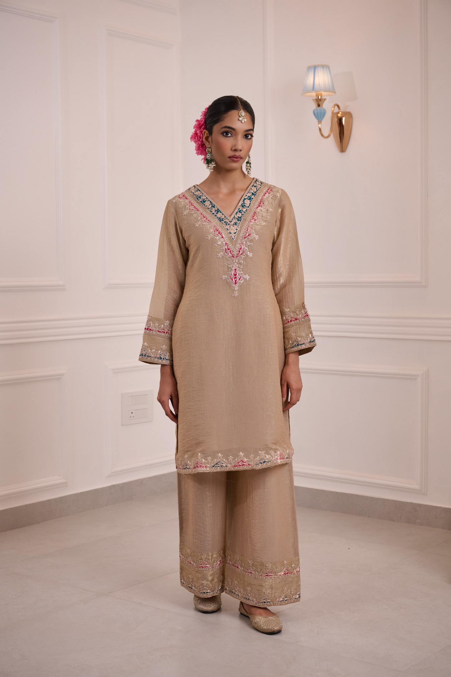 Beige Tissue Silk Embroidered Kurta Palazzo Suit Set