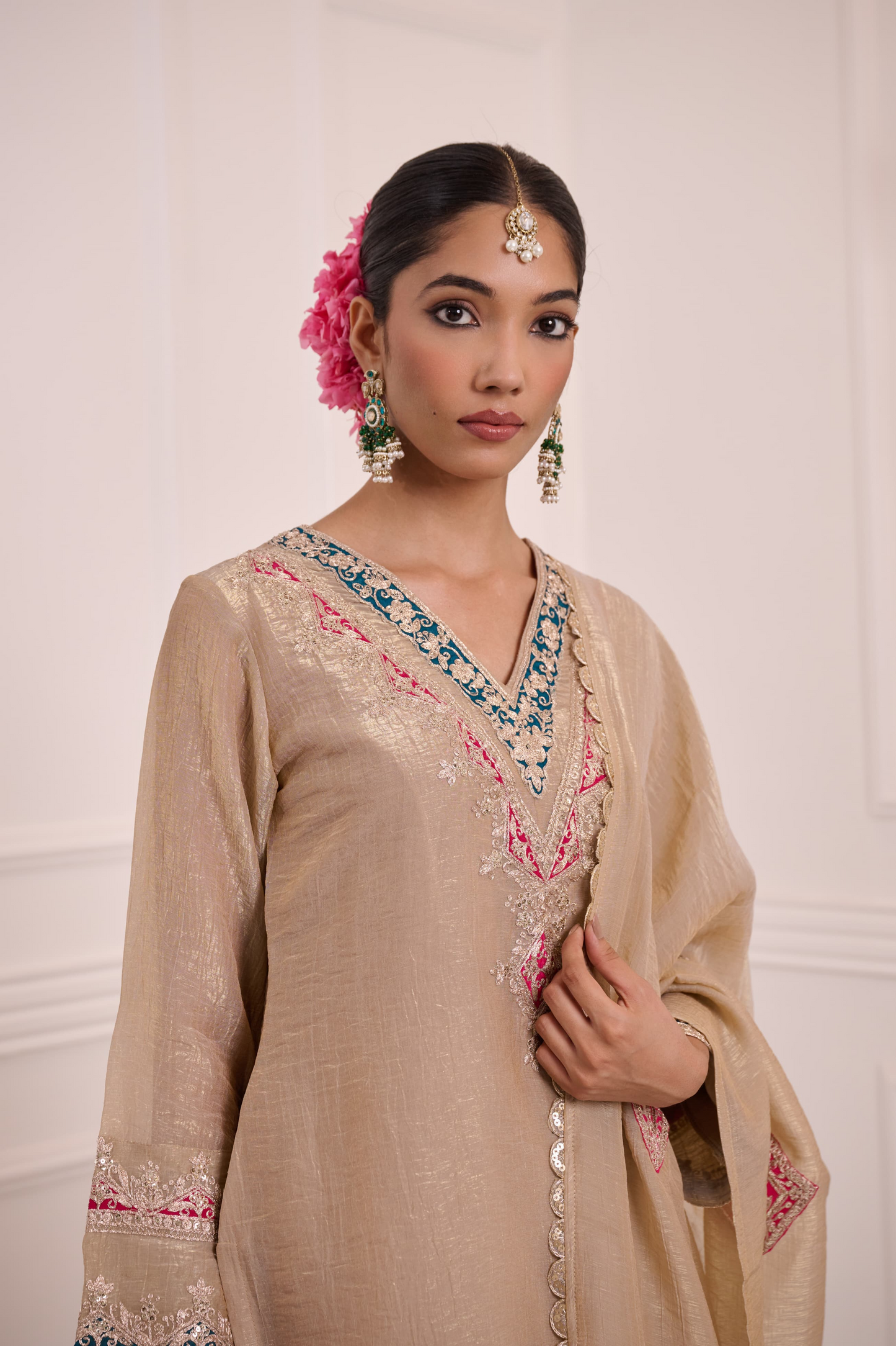 Beige Tissue Silk Embroidered Kurta Palazzo Suit Set