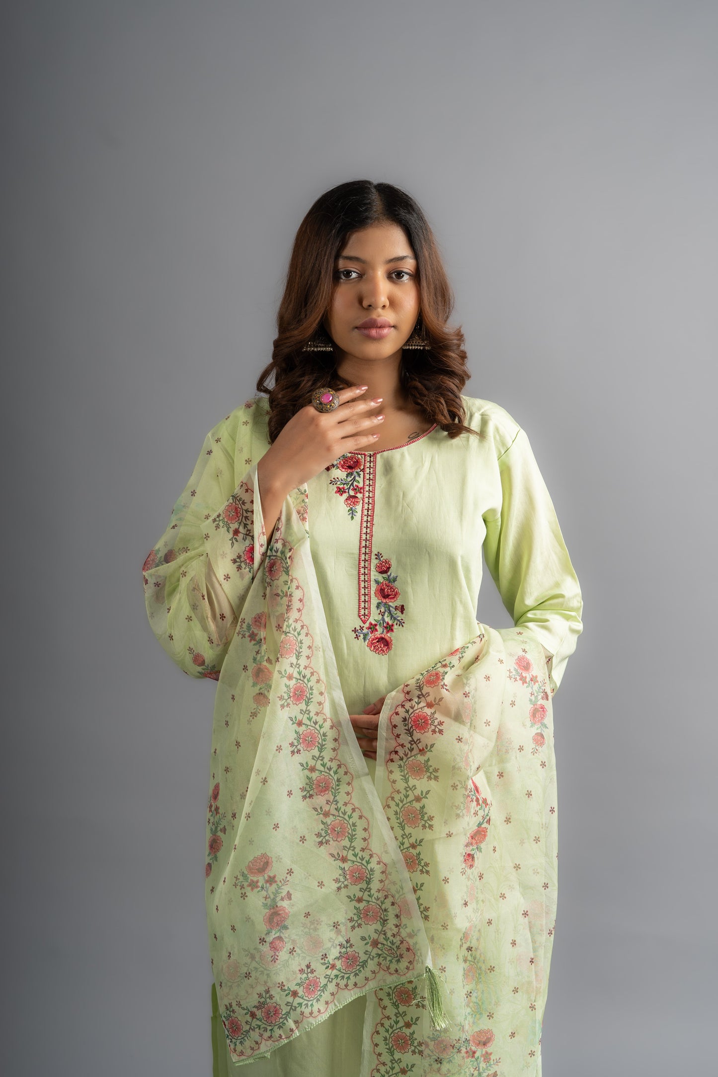 Matcha Green Silk Embroidered Kurta Pants And Dupatta (Set of 3)