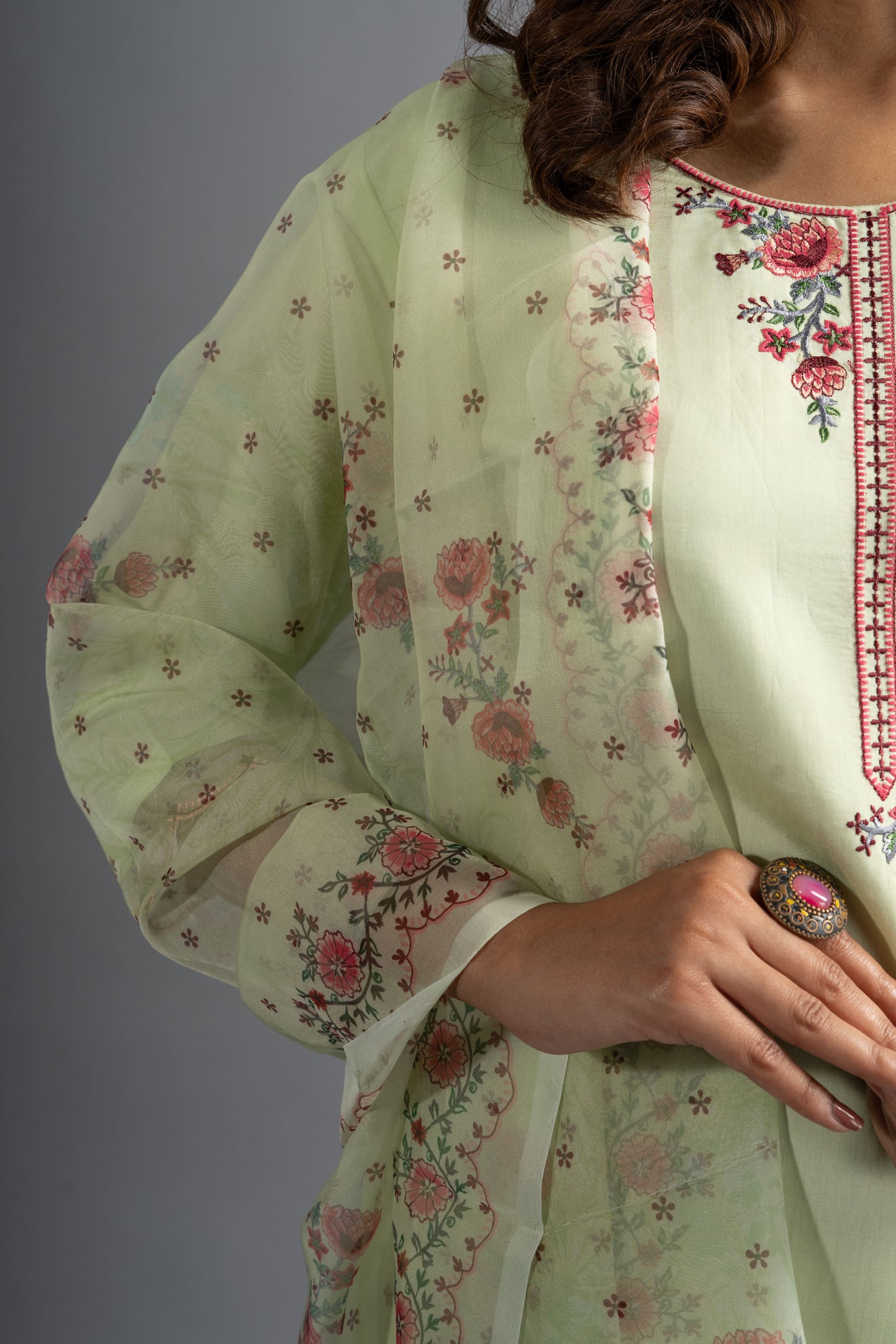 Matcha Green Silk Embroidered Kurta Pants And Dupatta (Set of 3)