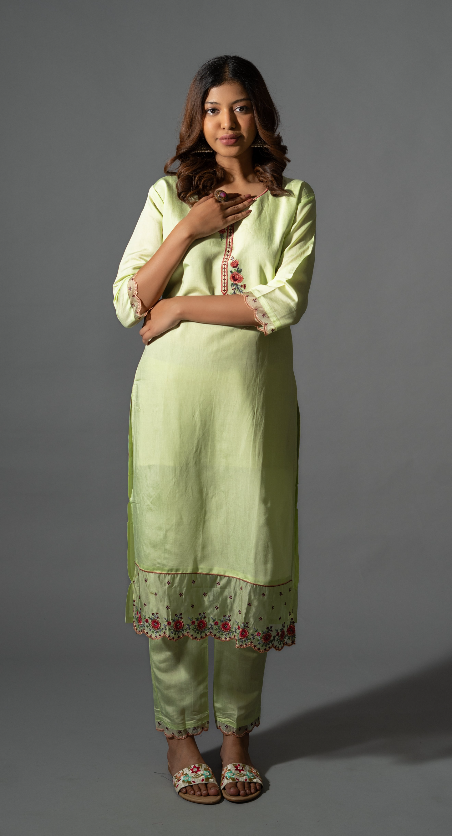 Matcha Green Silk Embroidered Kurta Pants And Dupatta (Set of 3)
