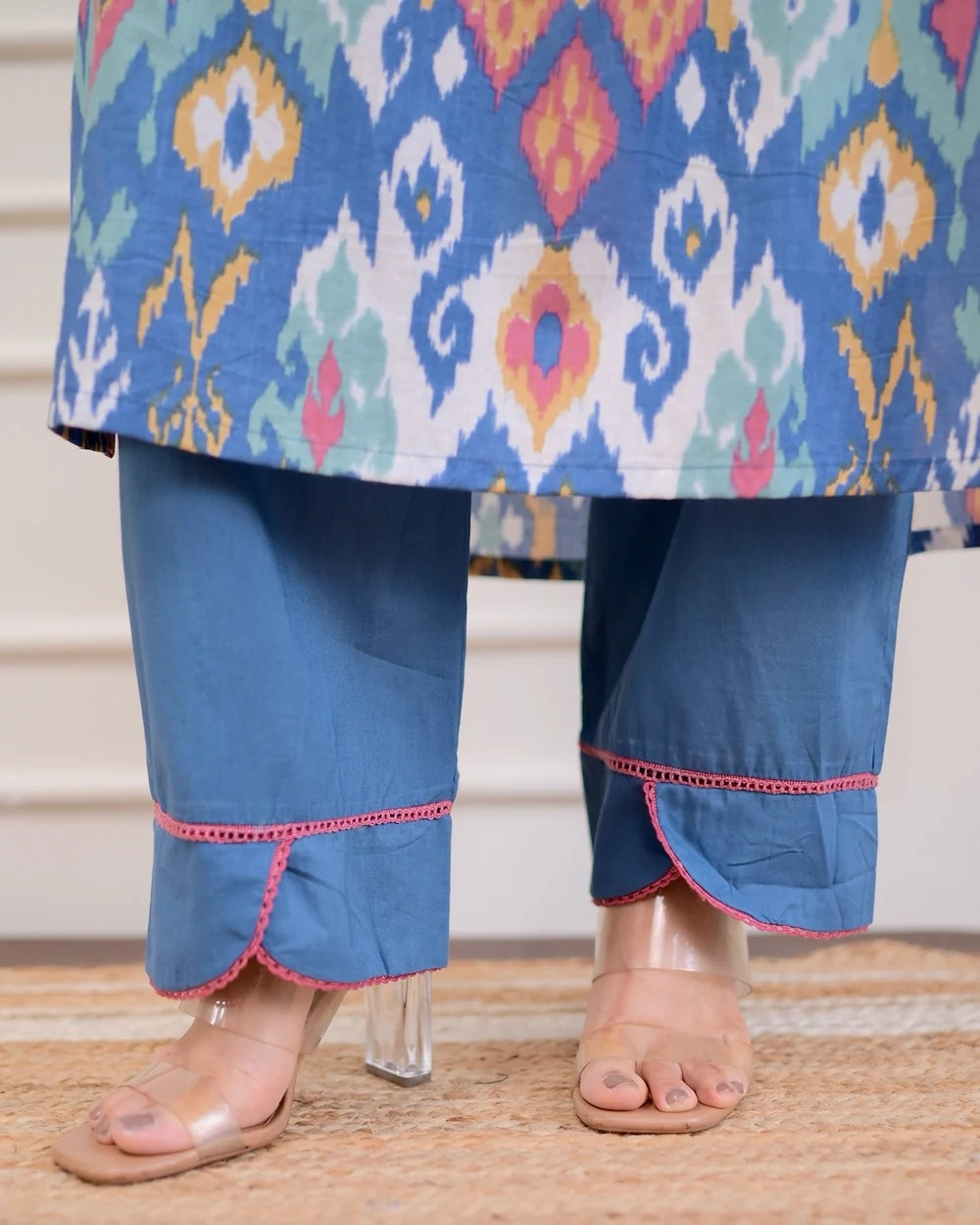 Blue Baroque Lace Cotton Kurta Pant Set