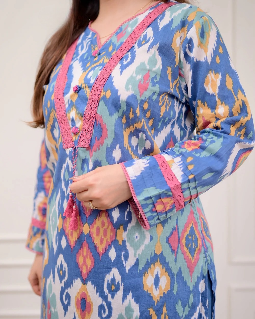 Blue Baroque Lace Cotton Kurta Pant Set