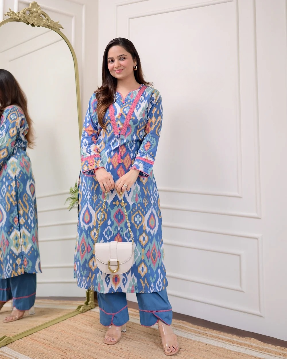 Blue Baroque Lace Cotton Kurta Pant Set