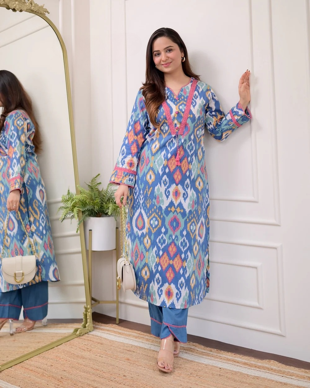 Blue Baroque Lace Cotton Kurta Pant Set
