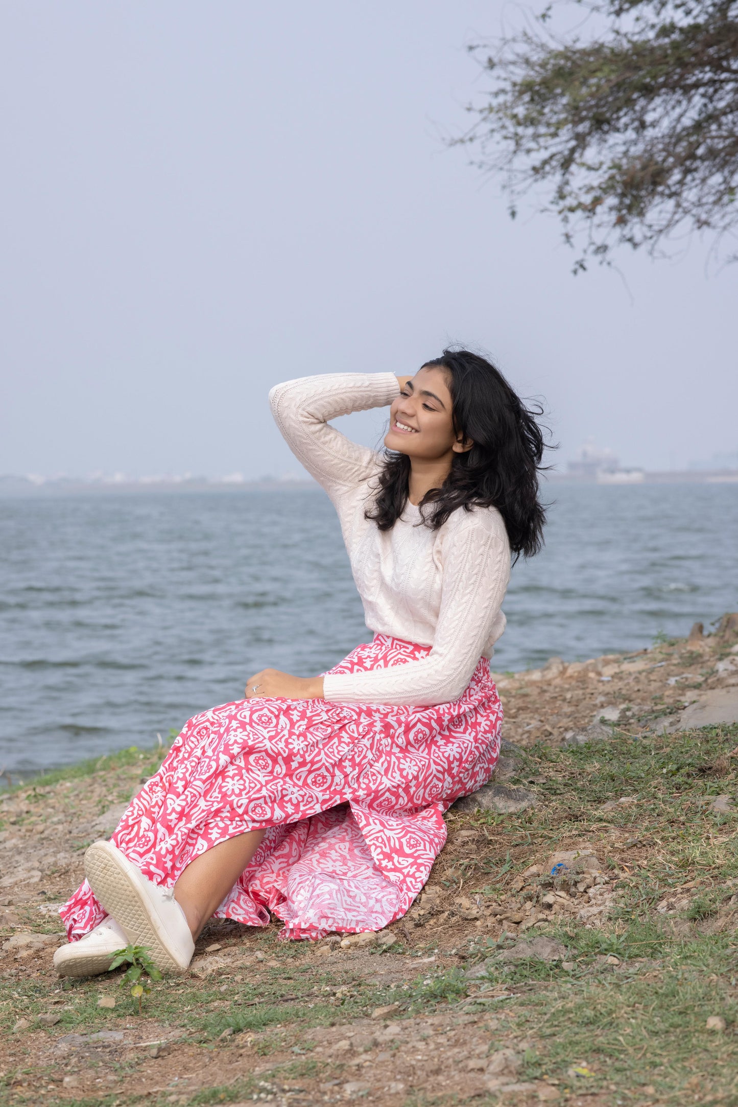 Printed Maxi Flared Sustainable Pure Cotton Skirt with Gathers & Slit