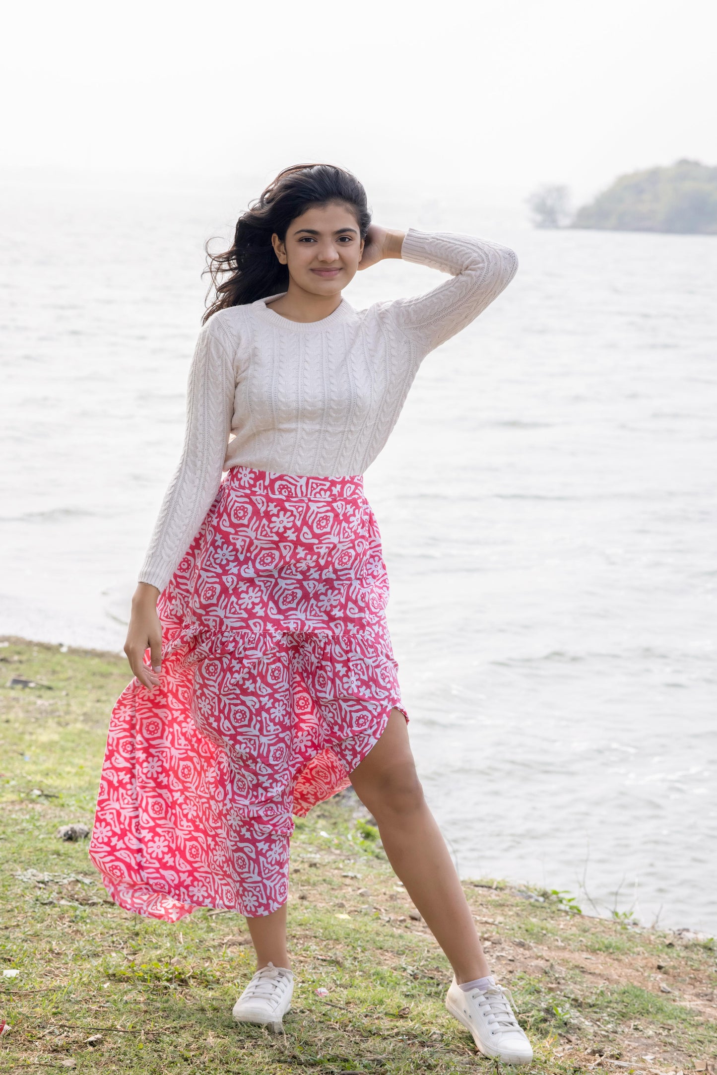 Printed Maxi Flared Sustainable Pure Cotton Skirt with Gathers & Slit
