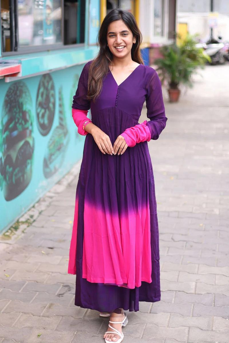 Purple Pink Ombre Chanderi Kurta Set