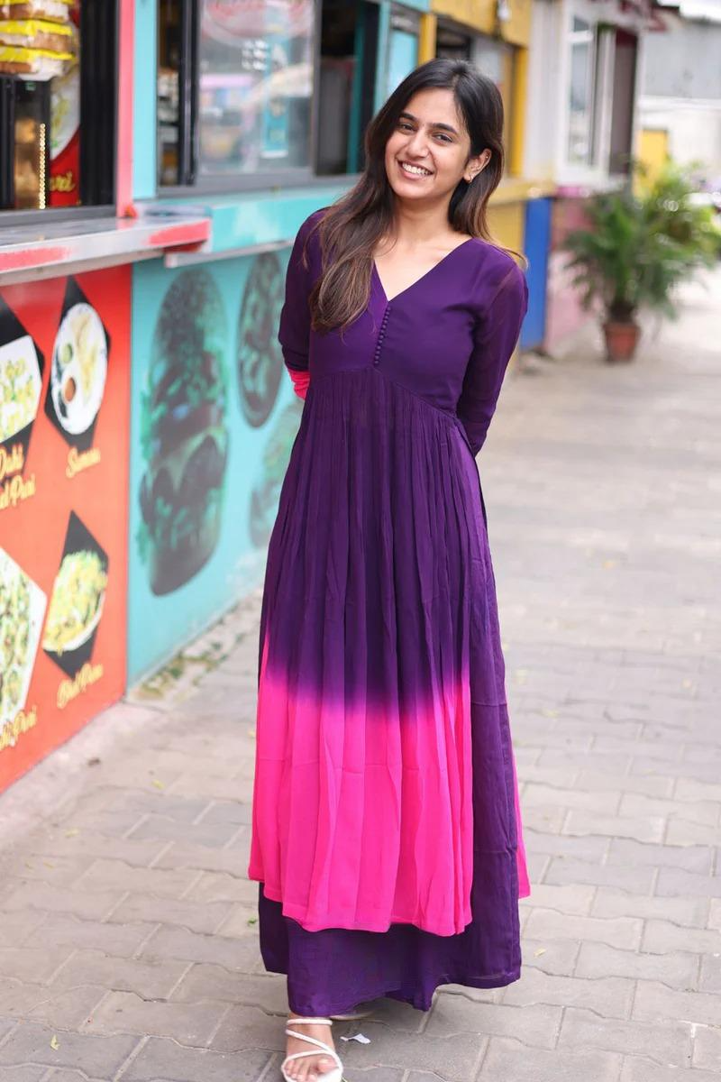 Purple Pink Ombre Chanderi Kurta Set