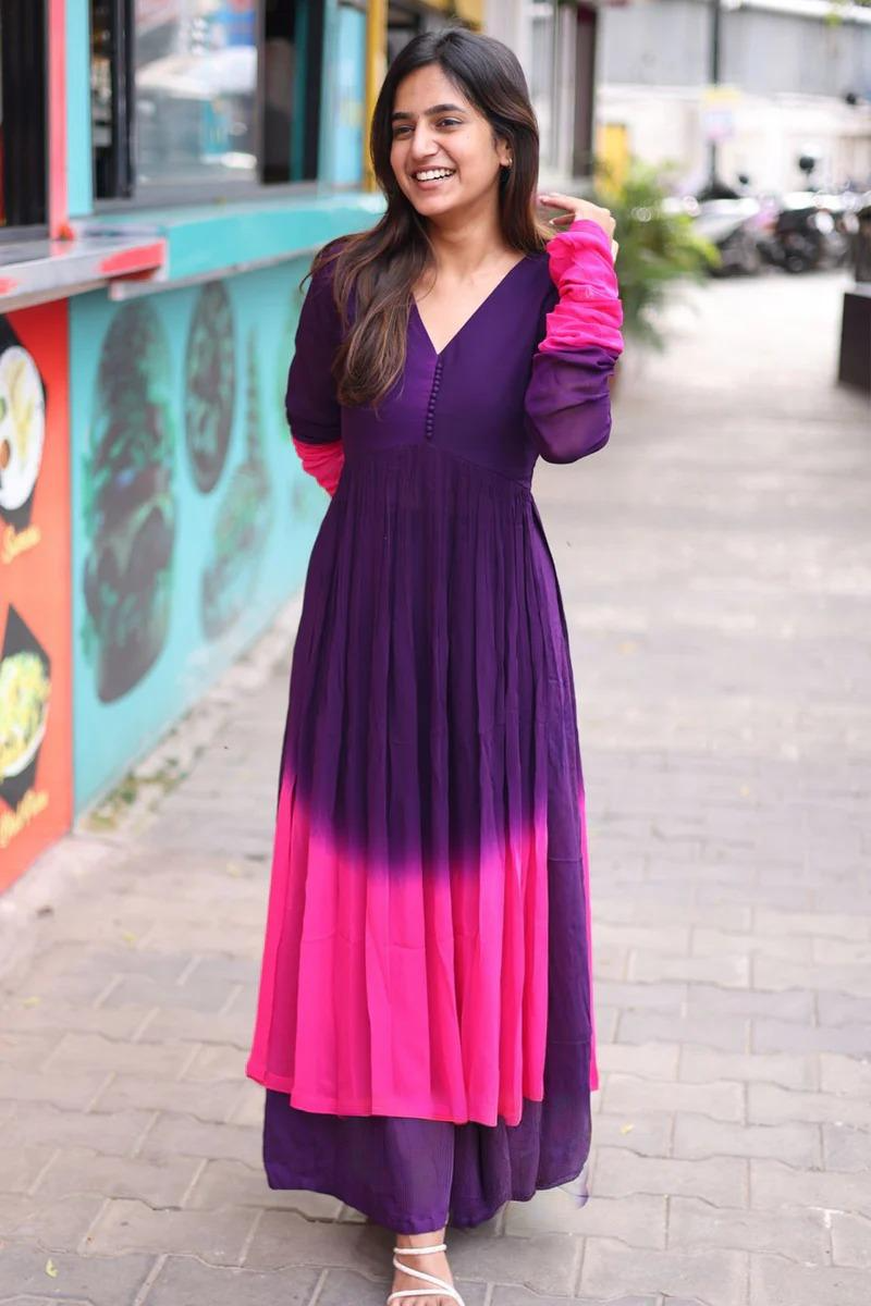Purple Pink Ombre Chanderi Kurta Set