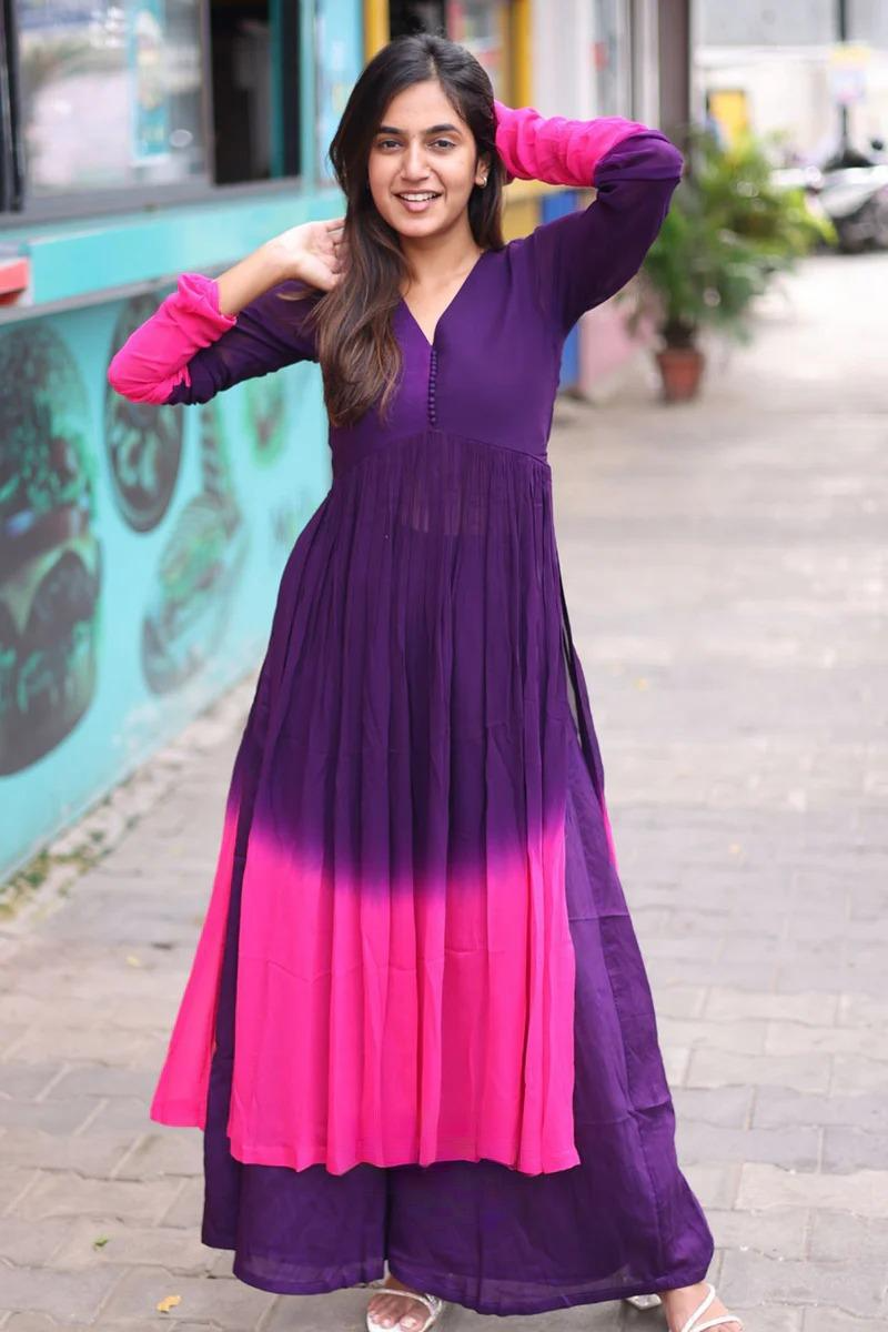 Purple Pink Ombre Chanderi Kurta Set