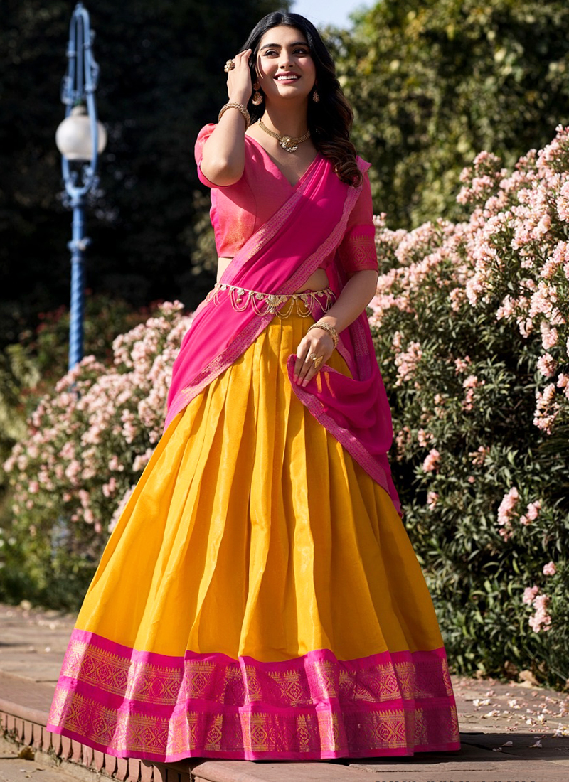 Mustard Kanchipuram Weaving Traditional Wear Lehenga Choli