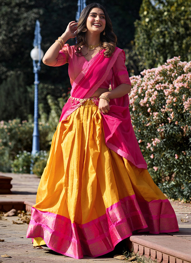 Mustard Kanchipuram Weaving Traditional Wear Lehenga Choli