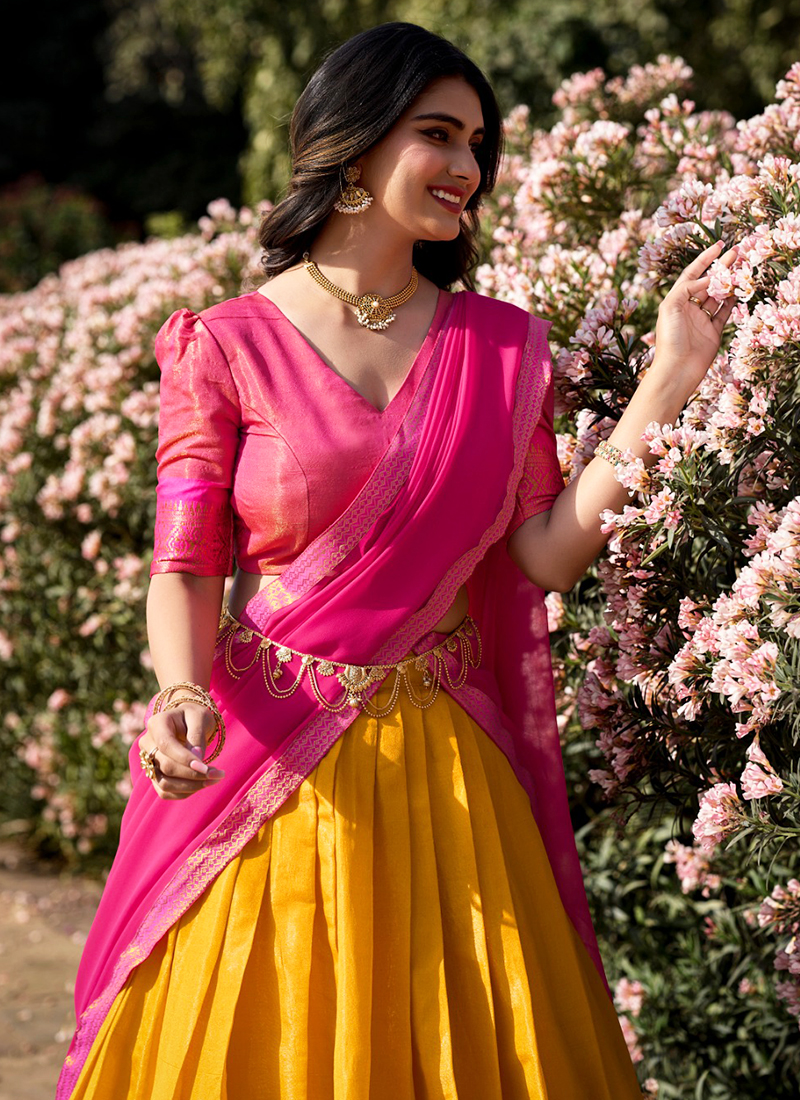 Mustard Kanchipuram Weaving Traditional Wear Lehenga Choli