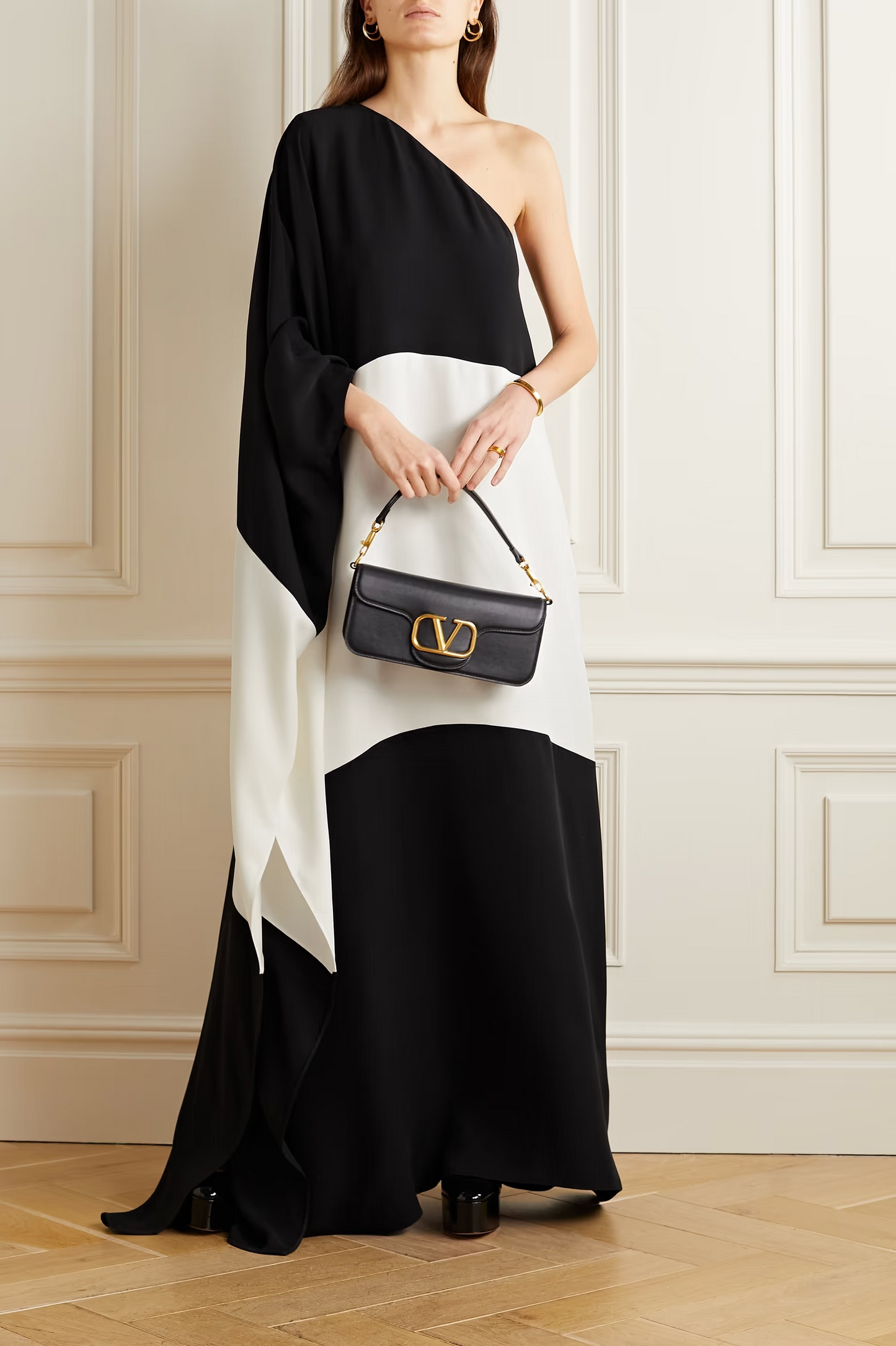 Black & White Silk One Shoulder Dress