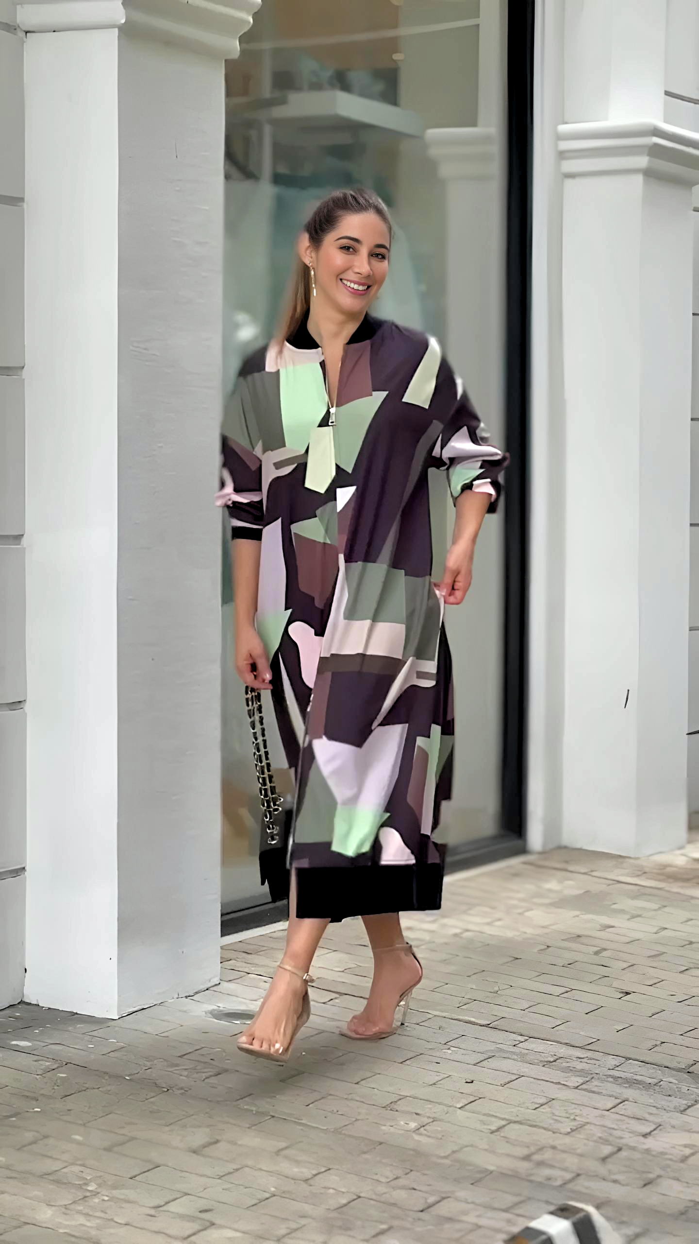 Patch Printed Dress With Front Zip