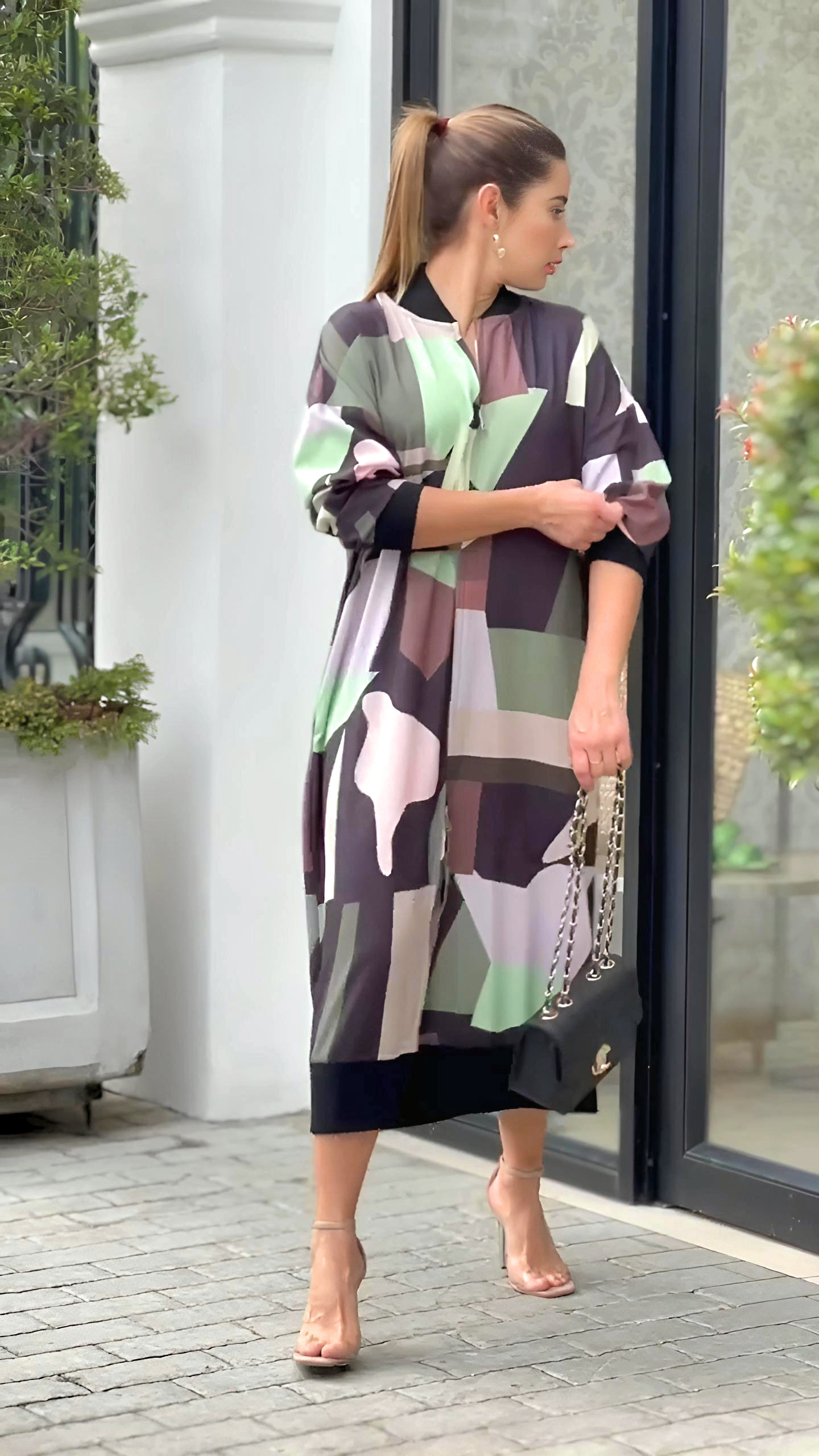 Patch Printed Dress With Front Zip