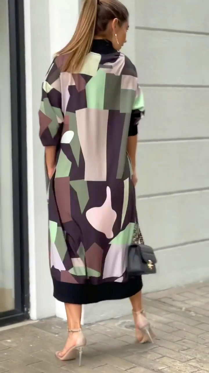 Patch Printed Dress With Front Zip