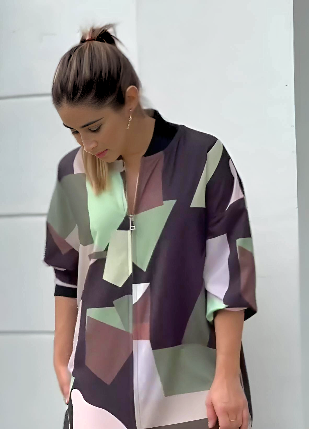 Patch Printed Dress With Front Zip
