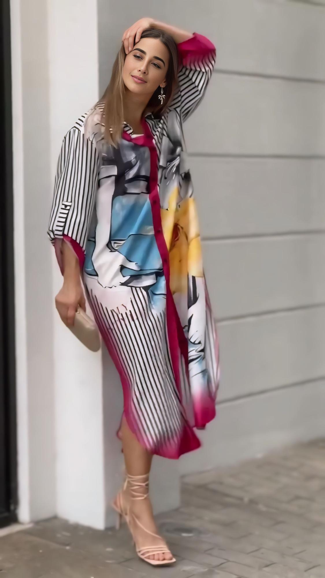 Black & White Striped Printed Long Dress
