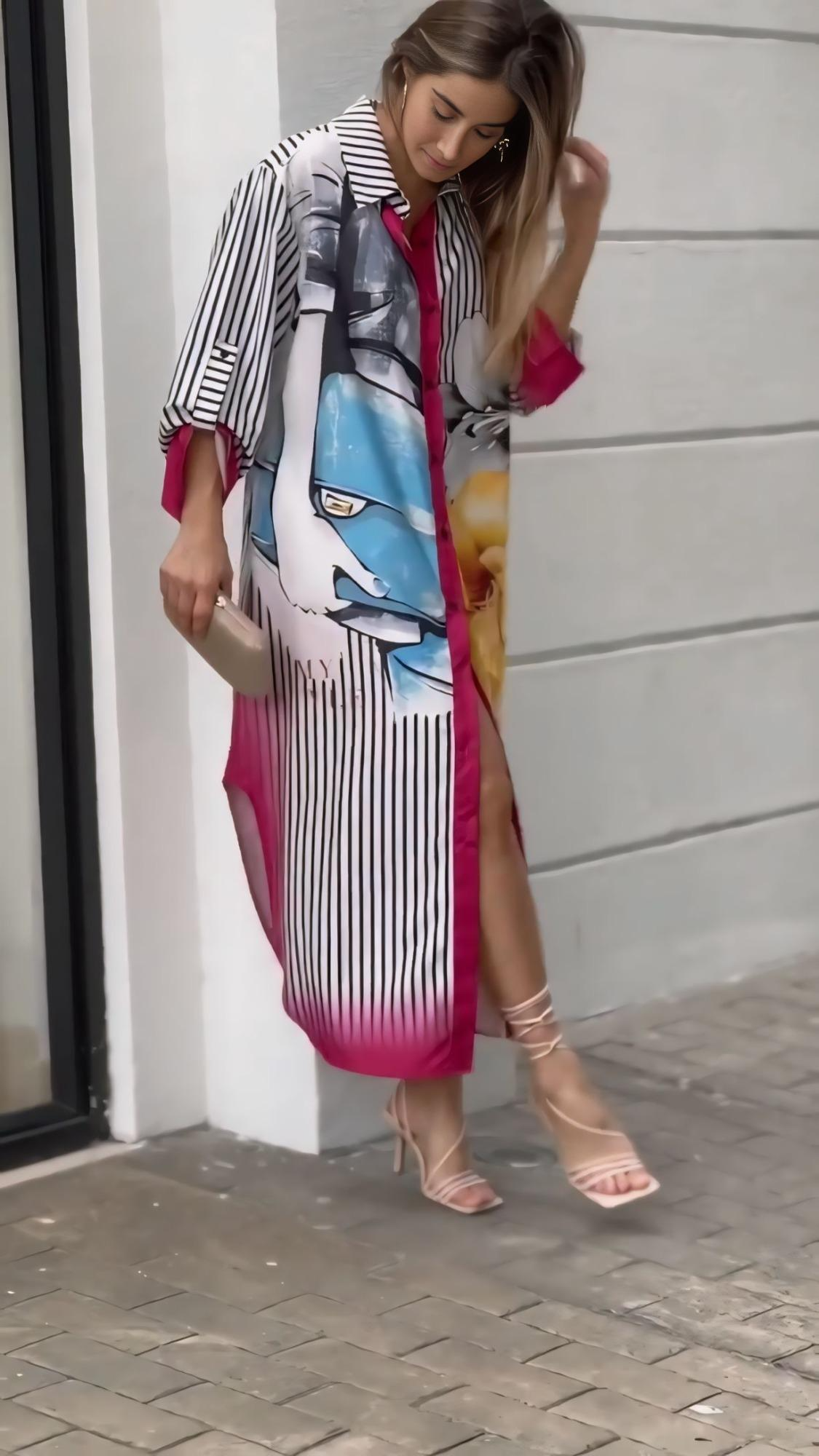 Black & White Striped Printed Long Dress