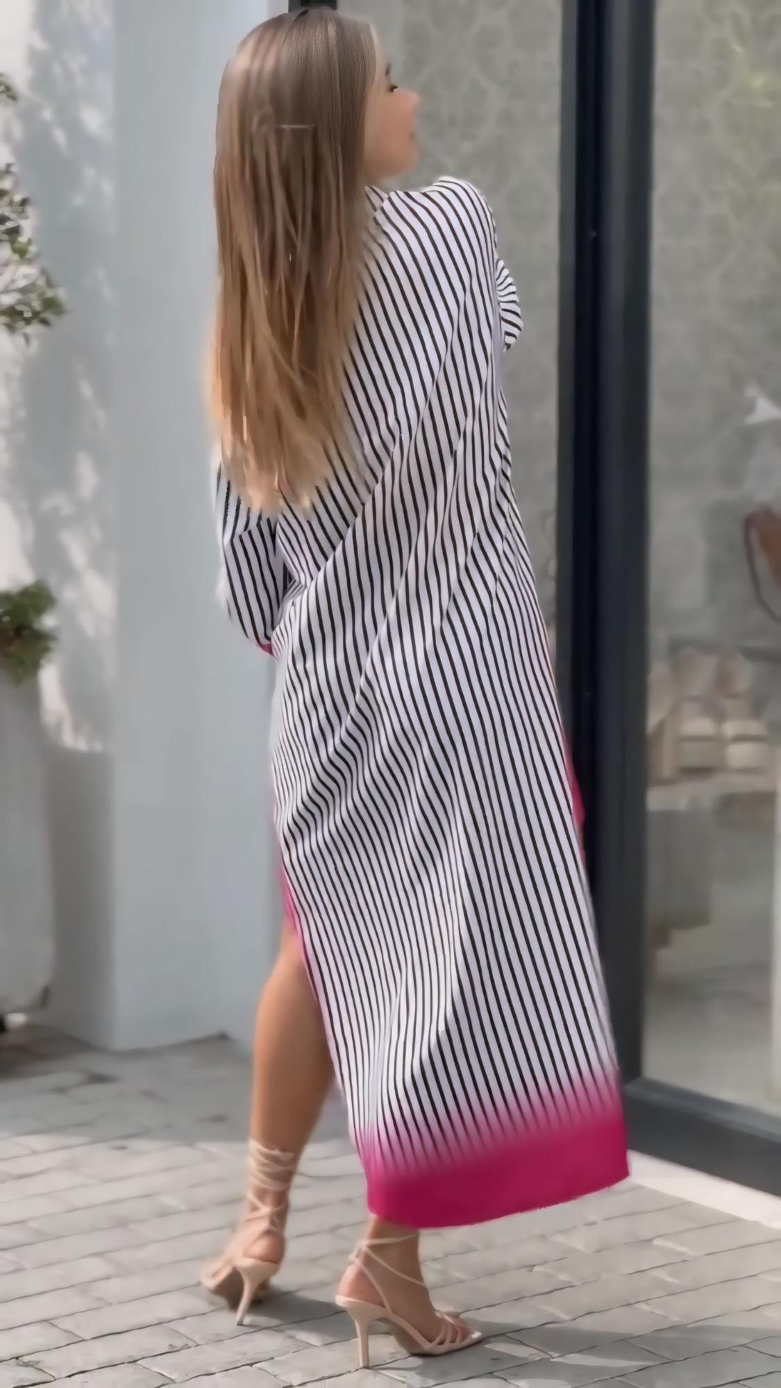 Black & White Striped Printed Long Dress