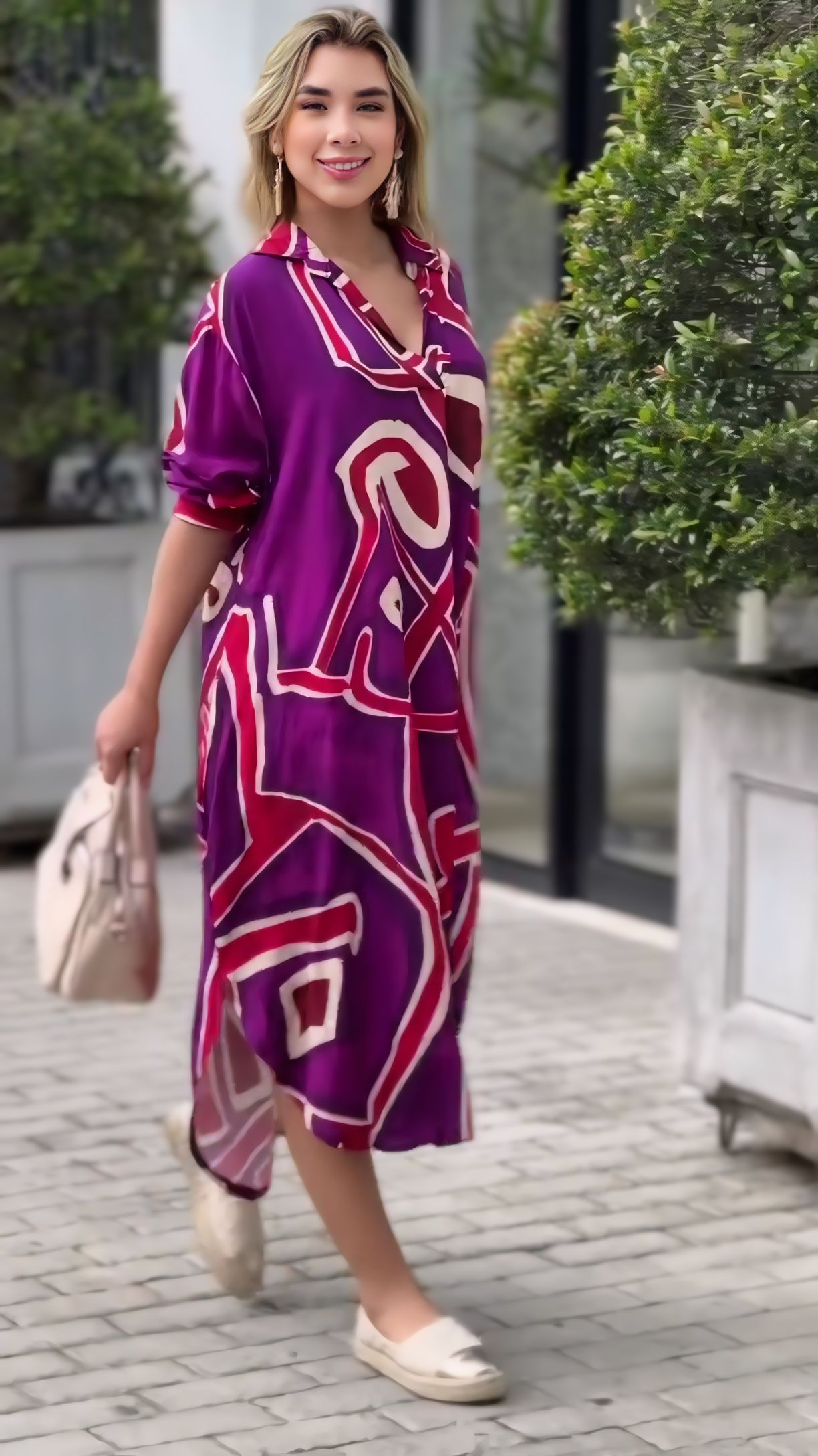 Dark Purple Printed Dress With Pockets