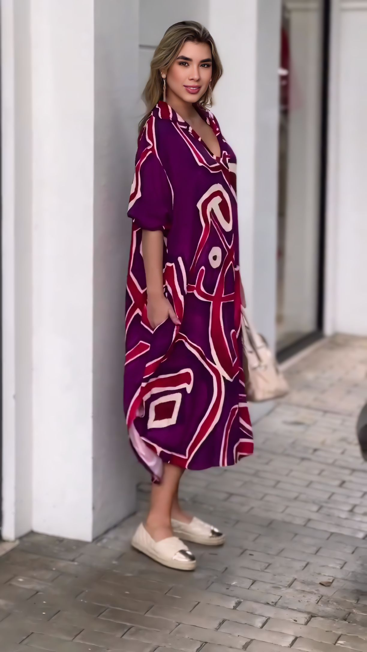 Dark Purple Printed Dress With Pockets
