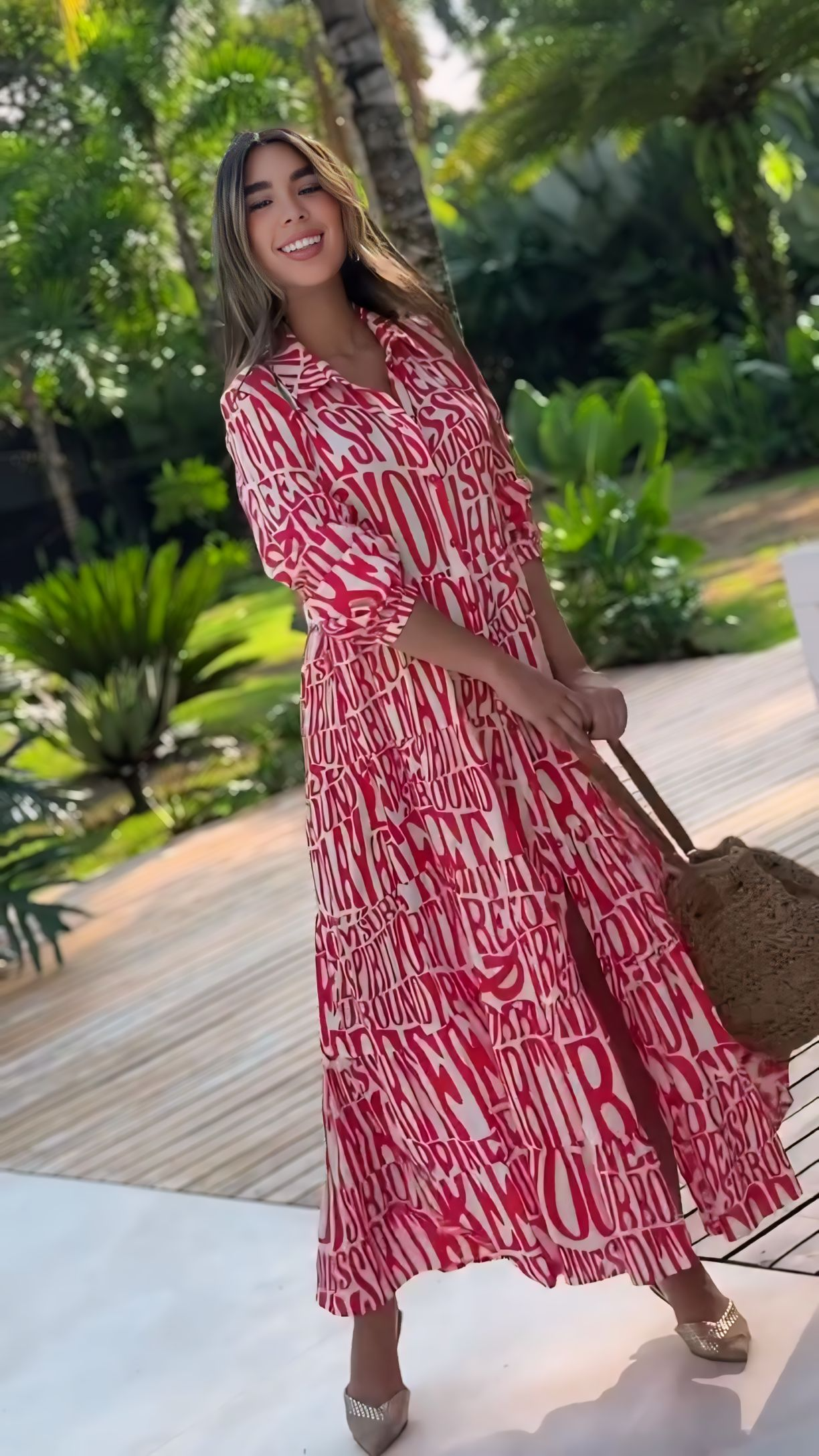 Alphabet Printed Long Flared Shirt Dress