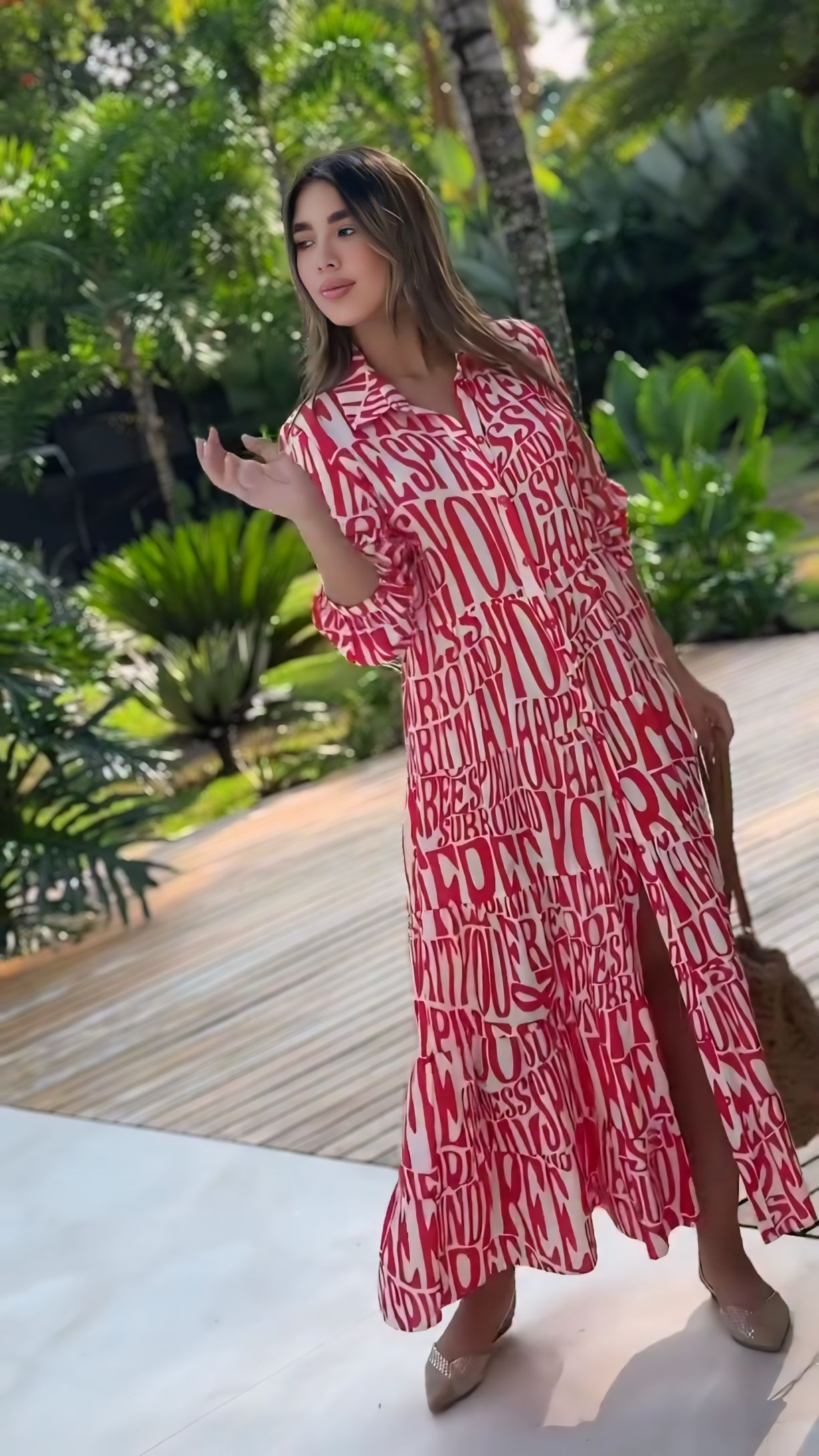 Alphabet Printed Long Flared Shirt Dress
