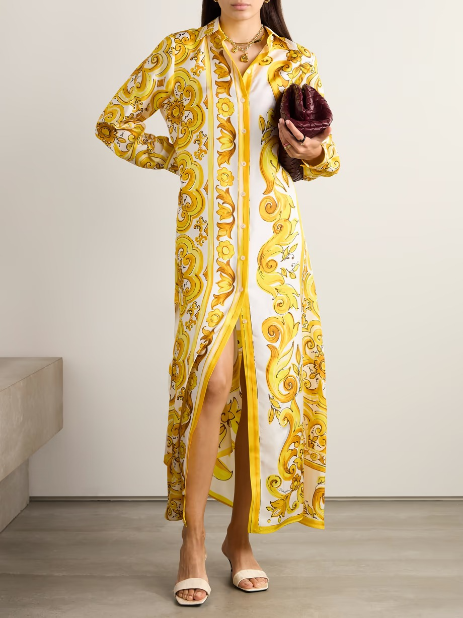 Long Printed Smooth Satin Dress With Front Slit